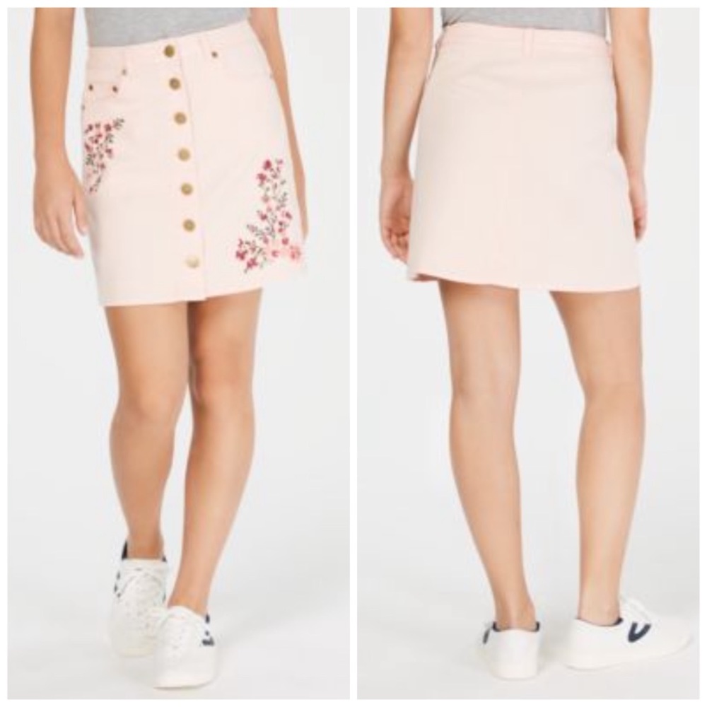 One Heart Pink Floral Embroidered Button Up Mini Skirt Size Medium & XL - Picture 2 of 7